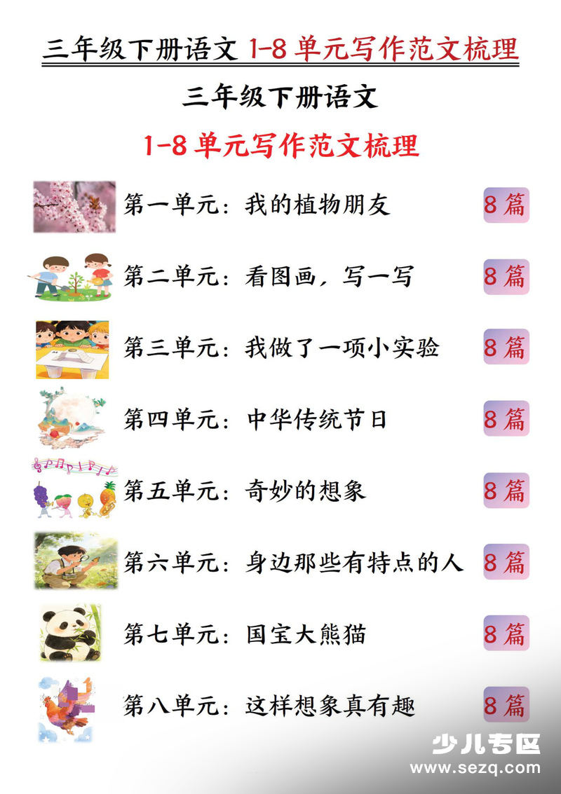 2026年春季三年级下册语文1-8单元写作范文梳理 - 文档资源第1张