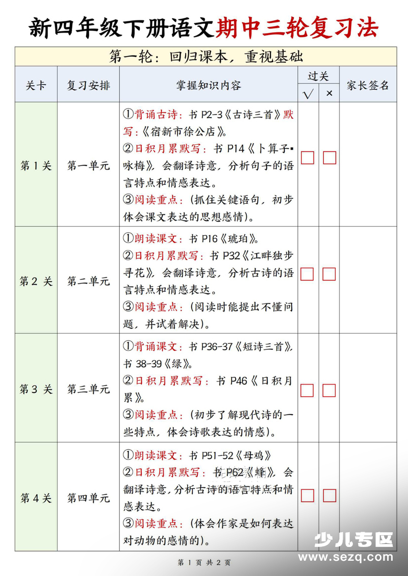 2026年四年级下册语文期中三轮复习法 - 文档资源第1张