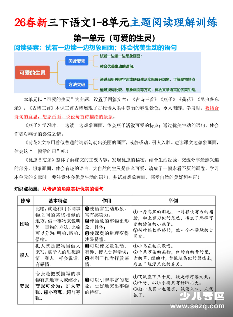 2026年春季三年级下册语文1-8单元主题阅读理解训练（含答案解析） - 文档资源第3张