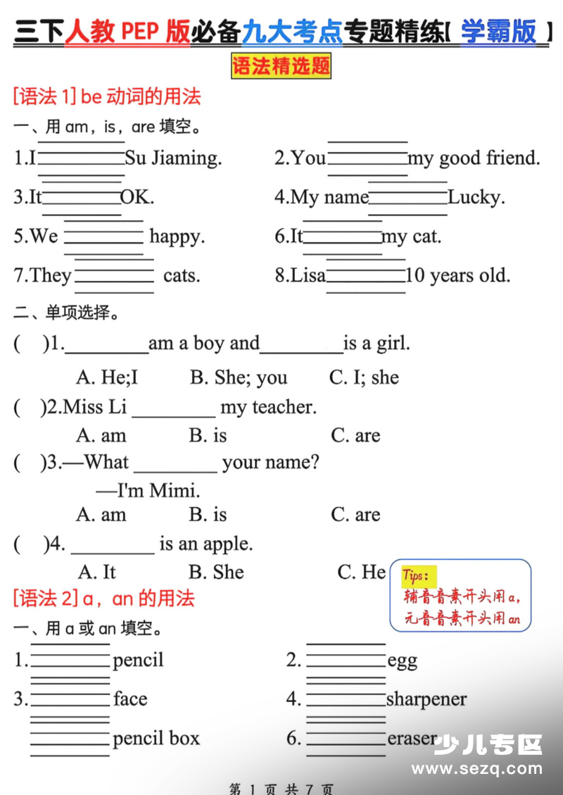 三年级下册英语九大考点专题精练（人教版PEP） - 文档资源第1张