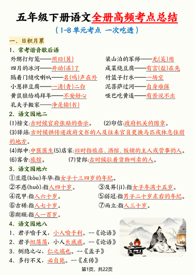 五年级下册语文全册高频考点总结（22页） - 少儿专区