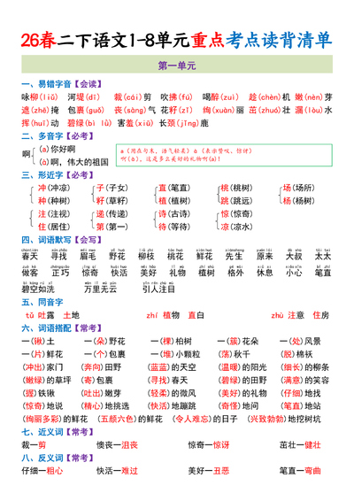2026年二年级下册语文1-8单元重点考点读背清单（26页） - 少儿专区