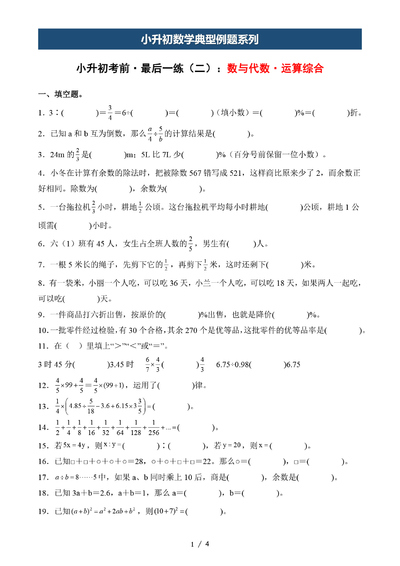 六年级下册数学小升初数与代数运算综合练习（含答案）（20页） - 少儿专区