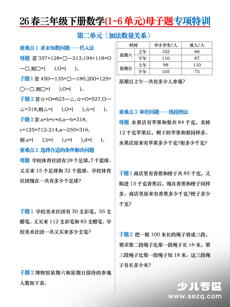 2026年春季三年级下册数学1-6单元母子题专项特训（苏教版含答案） - 文档资源第3张