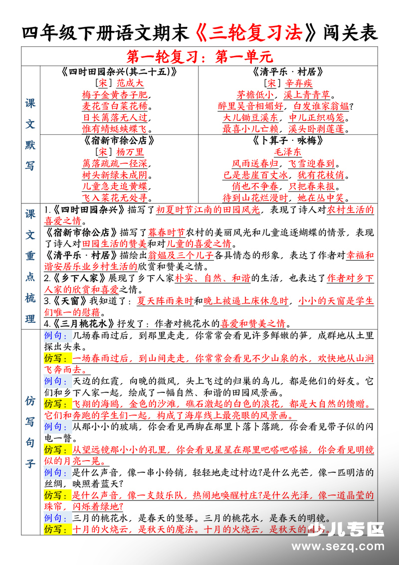 四年级下册语文期末三轮复习法闯关表 - 文档资源第3张