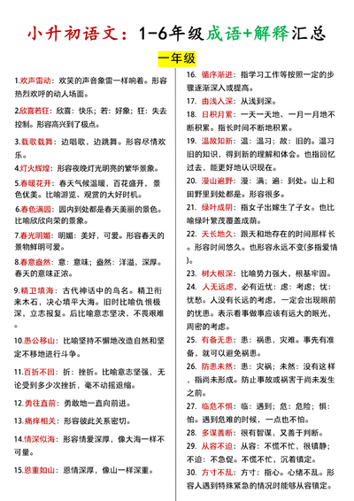 1-6年级语文成语+解释汇总（6页） - 少儿专区