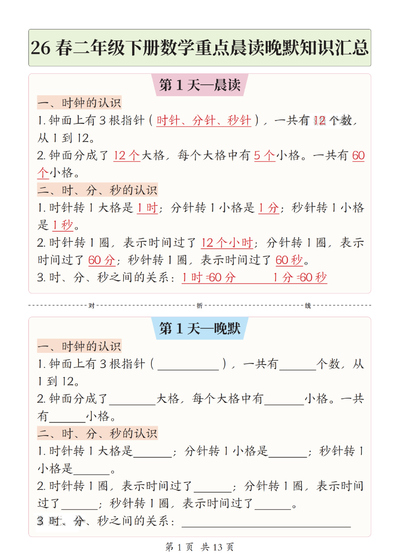 2026年新版二年级下册数学重点晨读晚默知识汇总（13页） - 少儿专区