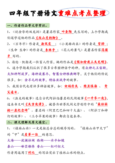 四年级下册语文重难点考点整理（17页） - 少儿专区