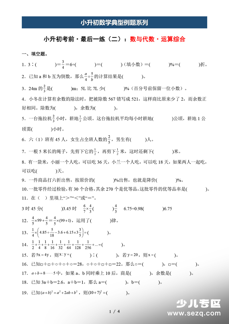 2026年六年级下册数学数与代数小升初专项练习 - 文档资源第1张