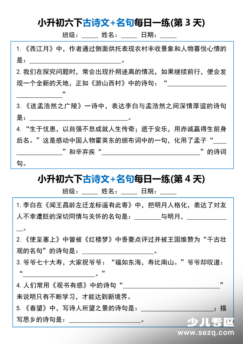 六年级下册语文古诗文名句每日一练20天 - 文档资源第2张