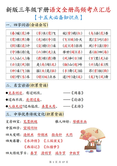 新版三年级下册语文全册高频考点汇总（十五大必备知识点）（17页） - 少儿专区