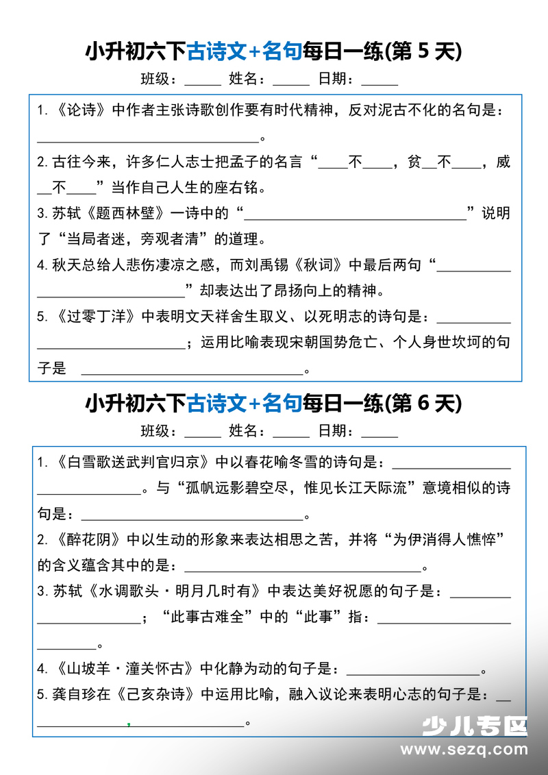 六年级下册语文古诗文名句每日一练20天 - 文档资源第3张