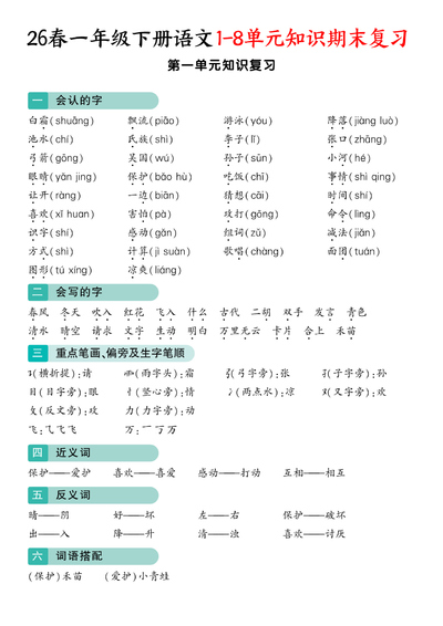 2026年一年级下册语文1-8单元知识期末复习（16页） - 少儿专区