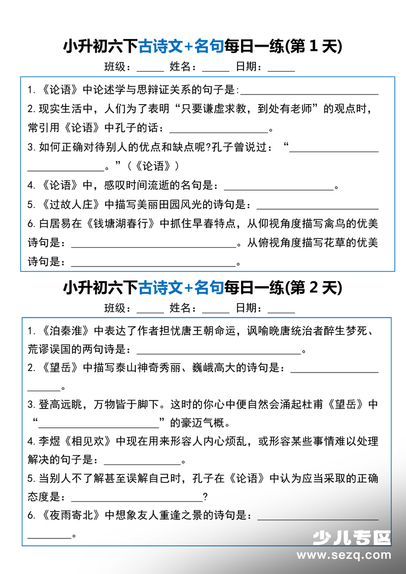 六年级下册语文古诗文名句每日一练20天 - 文档资源第1张