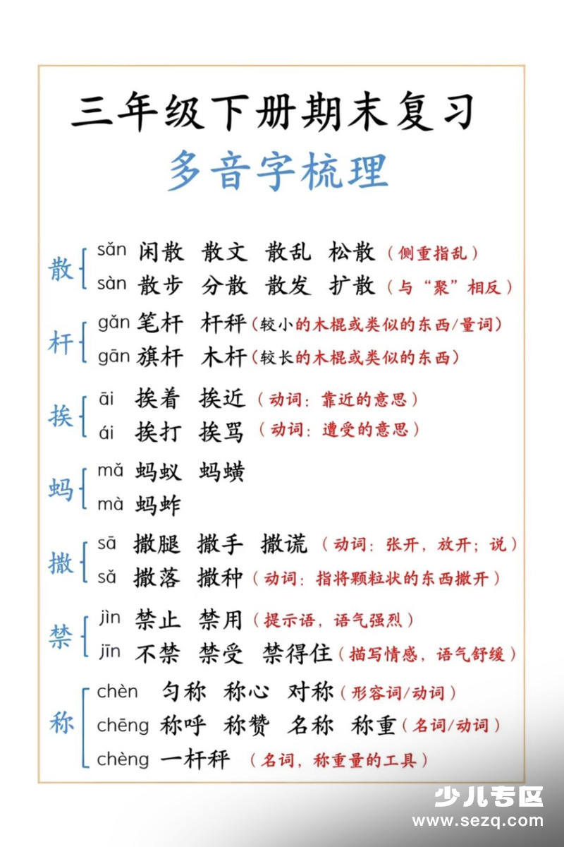 2026年三年级下册语文期末复习多音字梳理 - 文档资源第1张