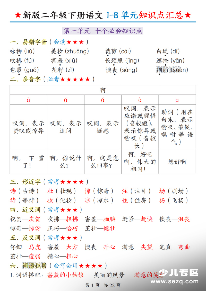 2026年新版二年级下册语文1-8单元知识点汇总（期末复习） - 文档资源第1张