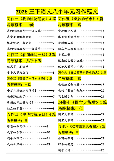 2026年三年级下册语文八个单元习作范文（押题作文）（27页） - 少儿专区
