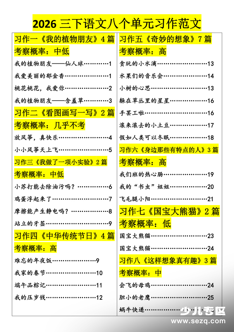 2026年三年级下册语文八个单元习作范文（押题作文） - 文档资源第1张