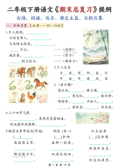 2025年二年级下册语文期末总复习提纲（19页） - 少儿专区