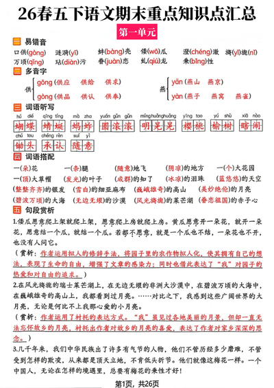 2026年五年级下册语文期末复习全册知识点汇总（26页） - 少儿专区