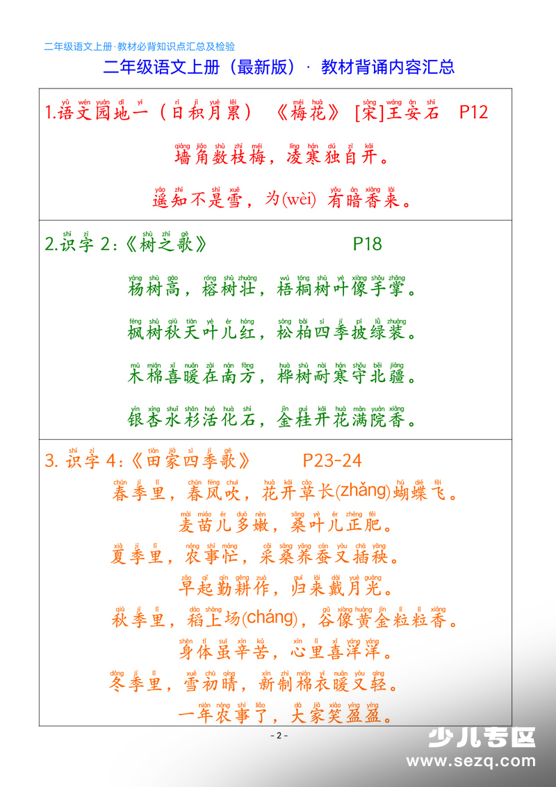 2026年二年级上册语文教材必背课文内容闯关表（含练习） - 文档资源第2张