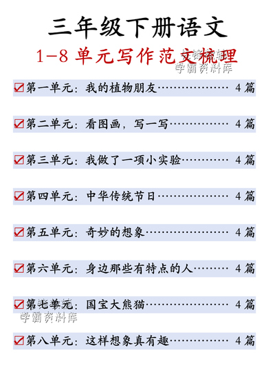 三年级下册语文1-8单元作文梳理范文（33页） - 少儿专区