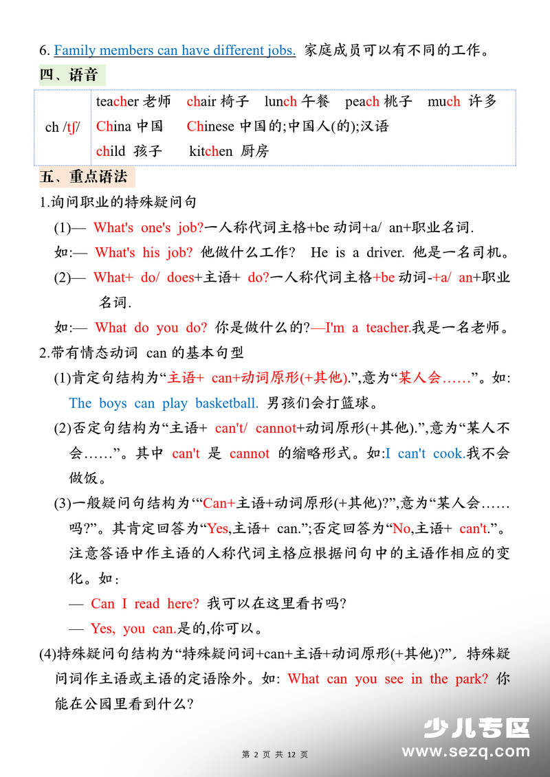 四年级上册英语暑假预习必背知识点总结人教版 - 文档资源第2张