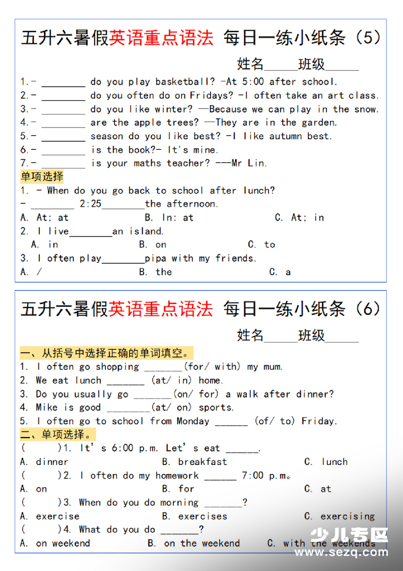 五升六暑假英语重点语法每日一练小纸条 - 文档资源第3张