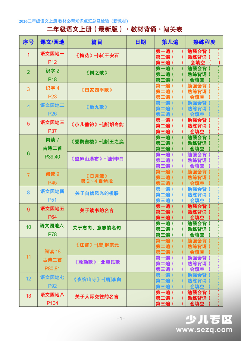 2026年二年级上册语文教材必背课文内容闯关表（含练习） - 文档资源第1张