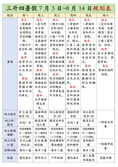 三升四语文数学英语暑假学习规划表（7月3日~8月14日）（1页） - 少儿专区