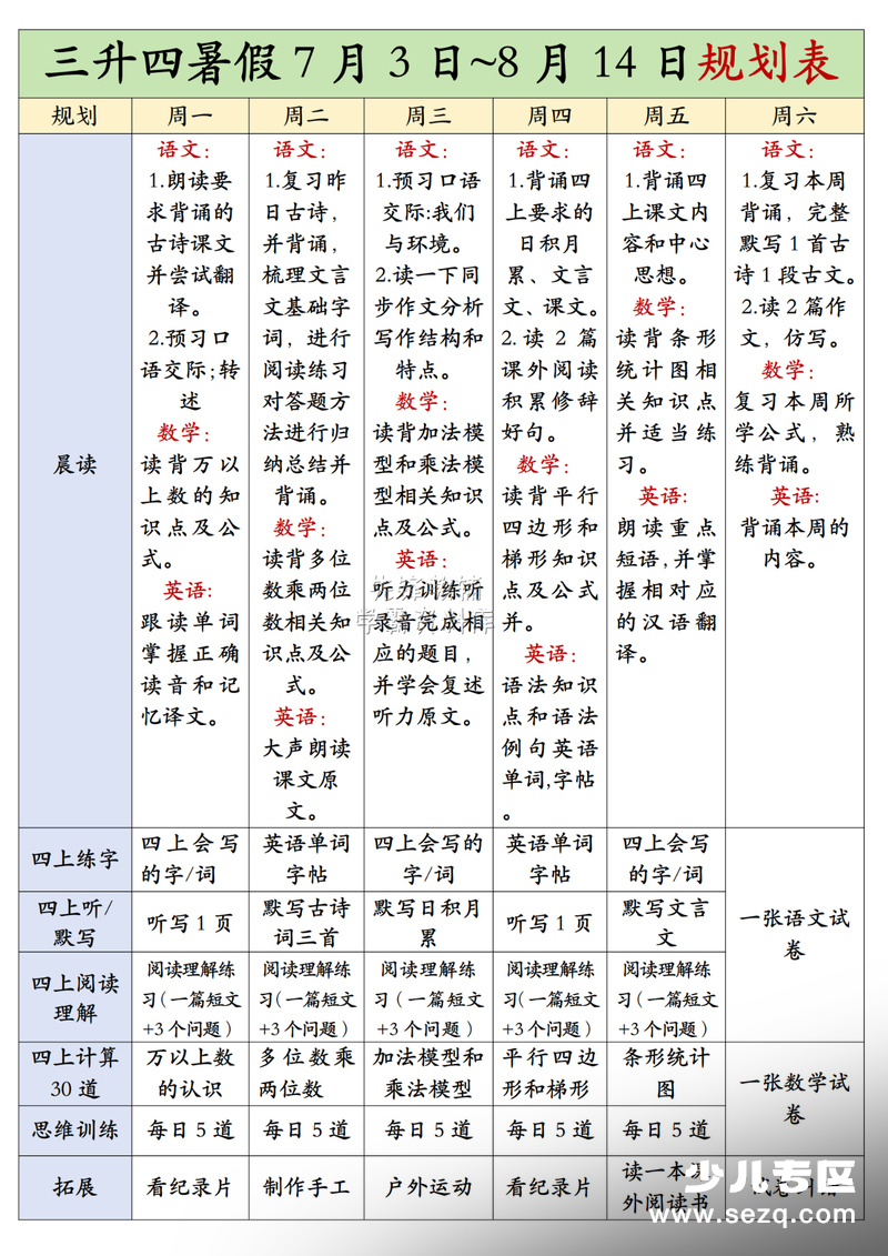 三升四语文数学英语暑假学习规划表（7月3日~8月14日） - 文档资源第1张