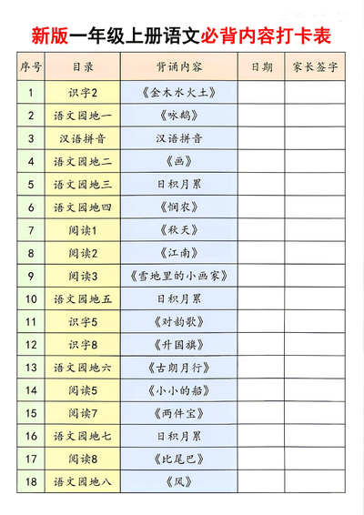 新版一年级上册语文必背内容打卡表（19页） - 少儿专区
