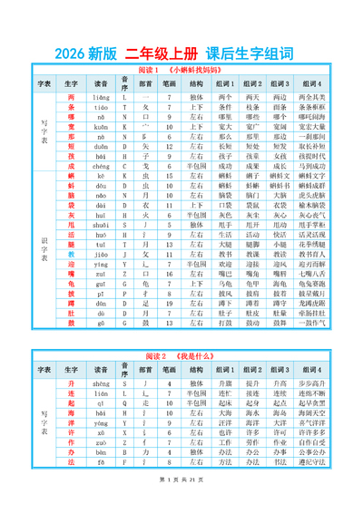 2026年新版二年级上册语文课后生字组词（21页） - 少儿专区