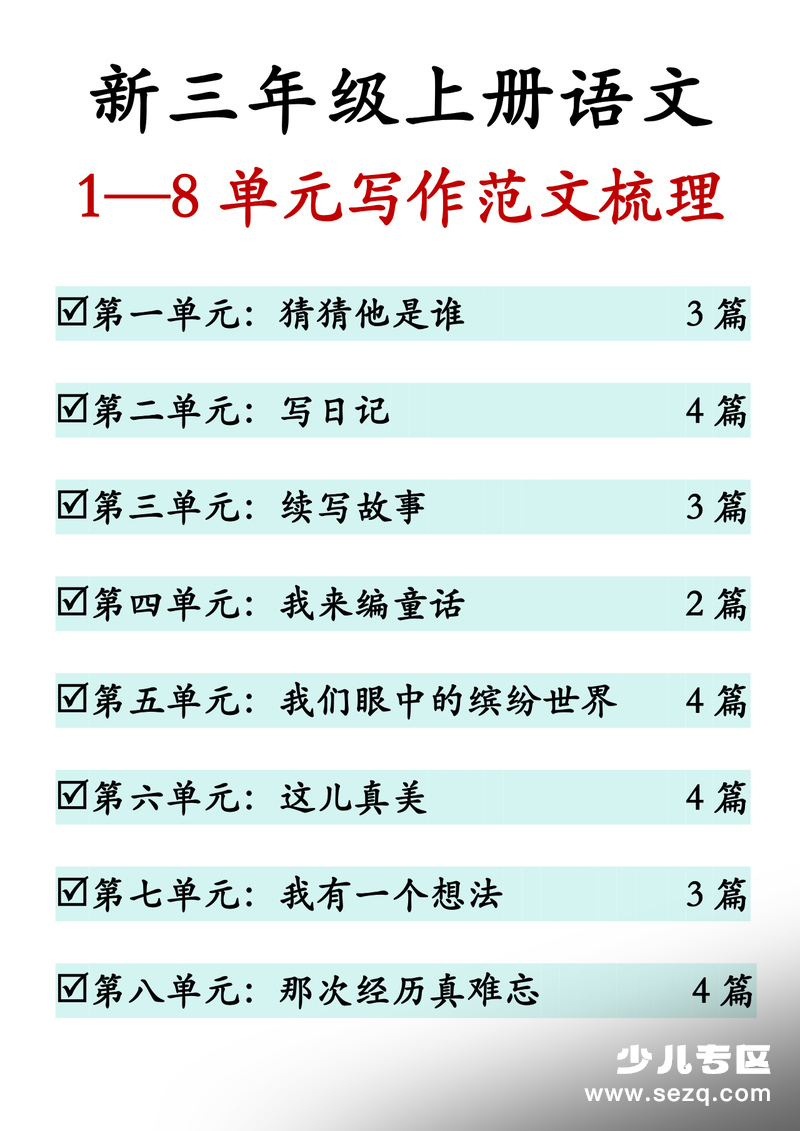 2026年新版三年级上册语文1-8单元同步作文范文 - 文档资源第1张