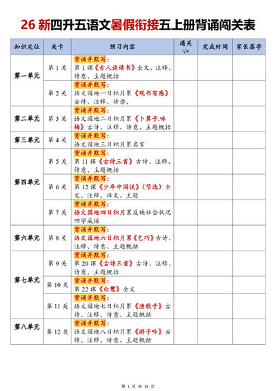 四升五语文暑假衔接五上册背诵闯关表（19页） - 少儿专区