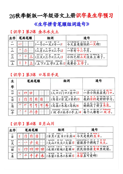 2025年新版一年级上册语文识字表生字预习（拼音笔顺组词造句）（8页） - 少儿专区