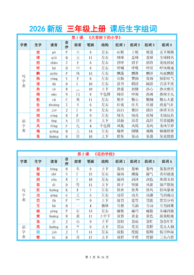 2026年新版三年级上册语文课后生字组词（16页） - 少儿专区