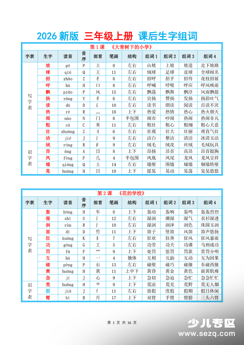 2026年新版三年级上册语文课后生字组词 - 文档资源第1张