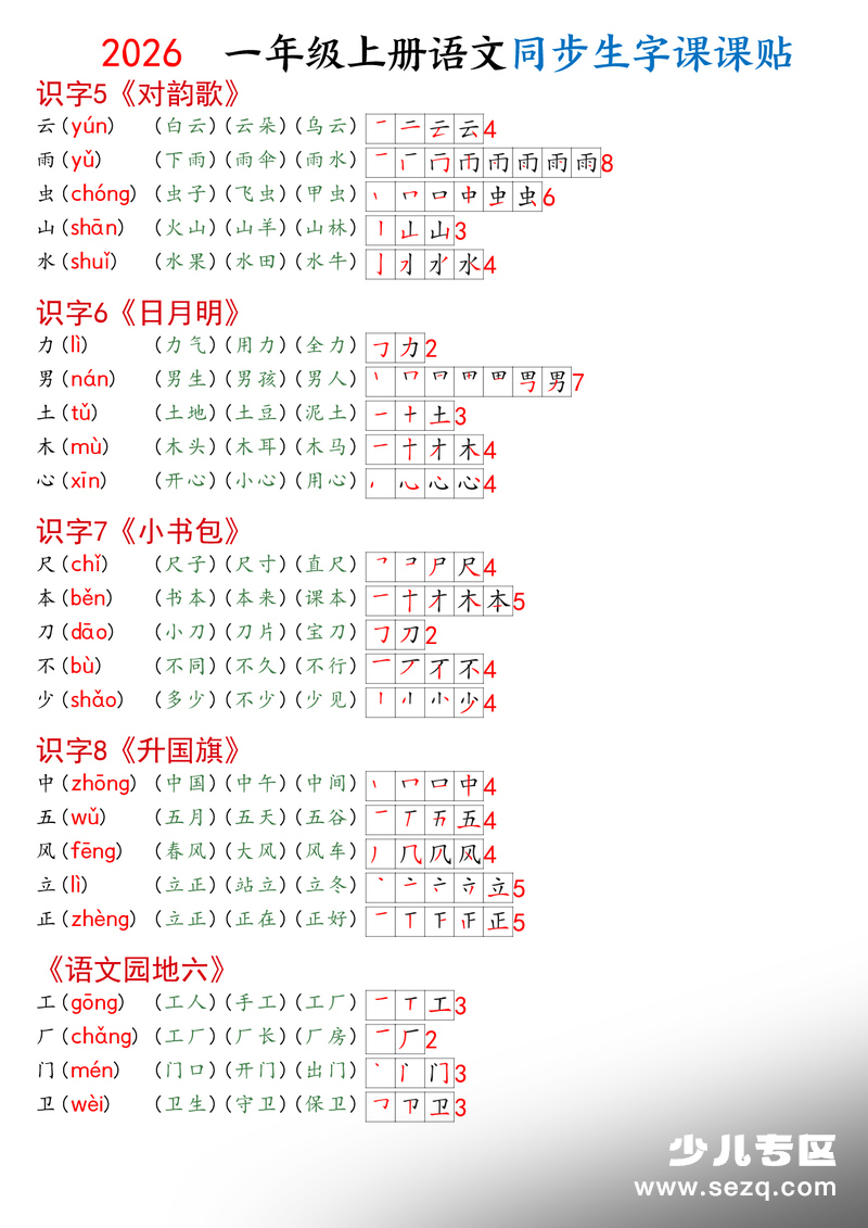 2026年一年级上册语文同步生字课课贴 - 文档资源第3张