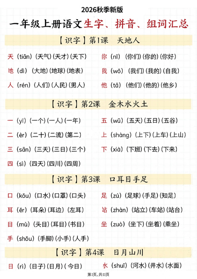2026年秋季新版一年级上册语文生字拼音组词汇总（11页） - 少儿专区