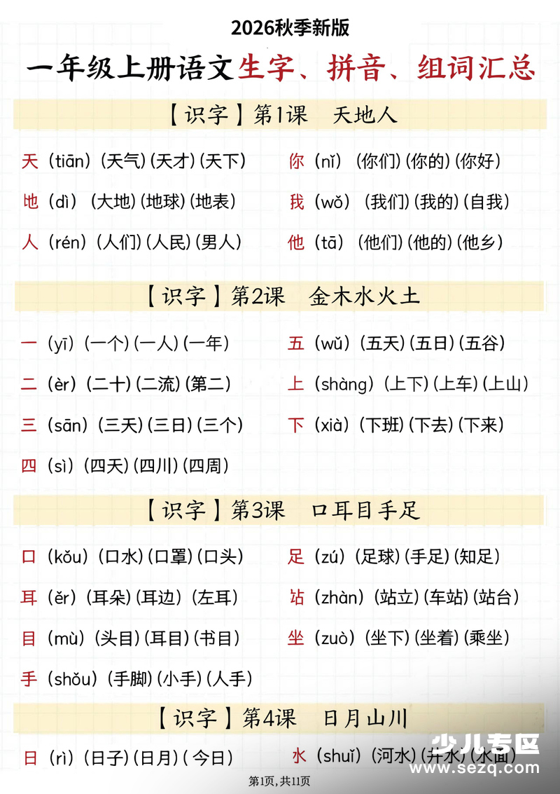 2026年秋季新版一年级上册语文生字拼音组词汇总 - 文档资源第1张