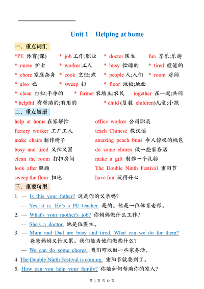 四年级上册英语暑假预习必背知识点总结人教版（12页） - 少儿专区
