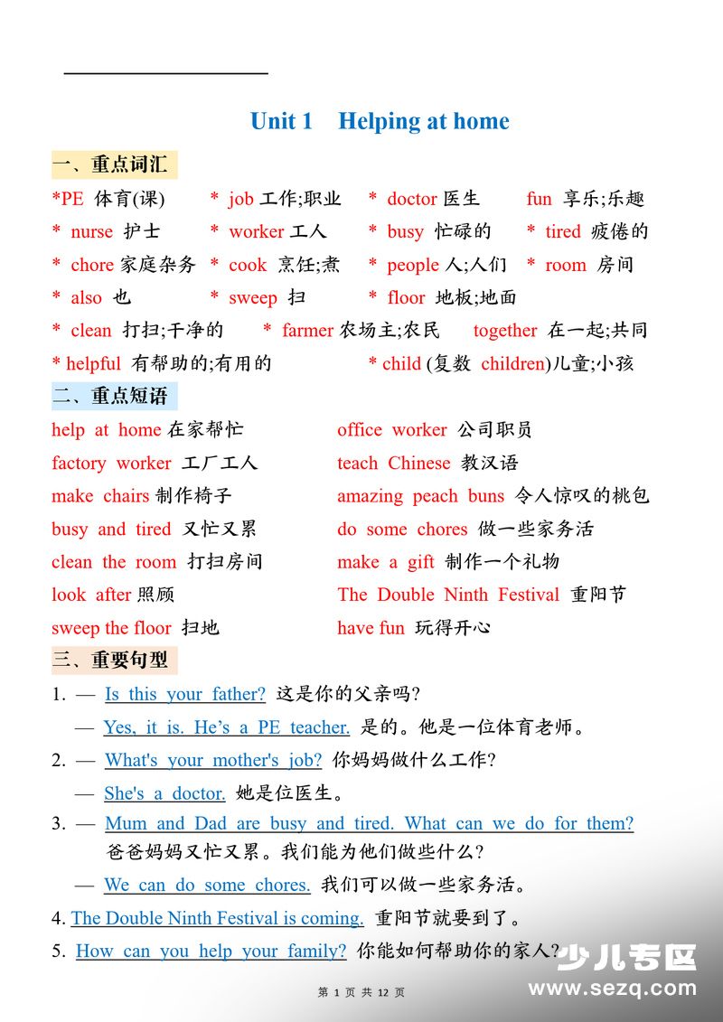 四年级上册英语暑假预习必背知识点总结人教版 - 文档资源第1张