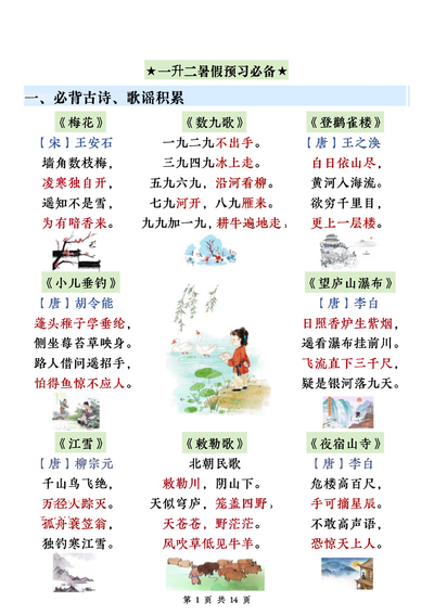 2026年新版一升二二年级上册语文暑假预习全册知识点汇总（14页） - 少儿专区