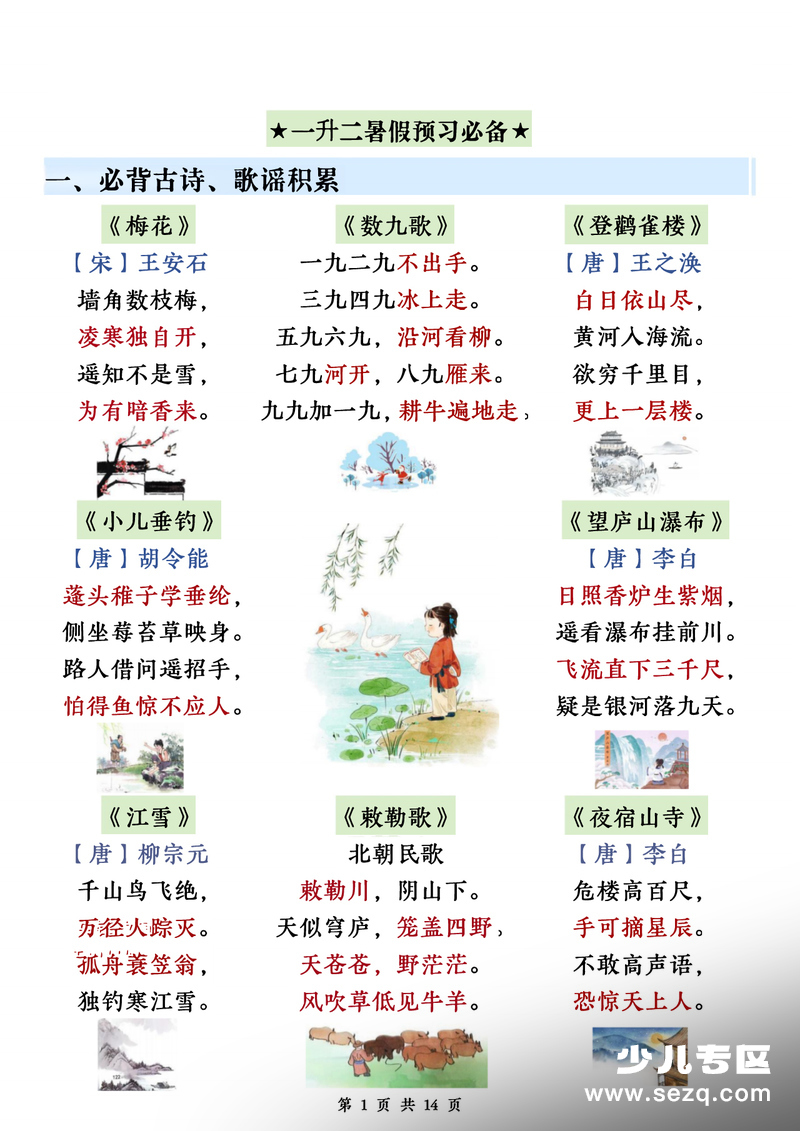 2026年新版一升二二年级上册语文暑假预习全册知识点汇总 - 文档资源第1张