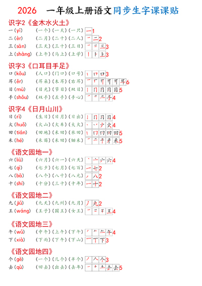 2026年一年级上册语文同步生字课课贴（5页） - 少儿专区