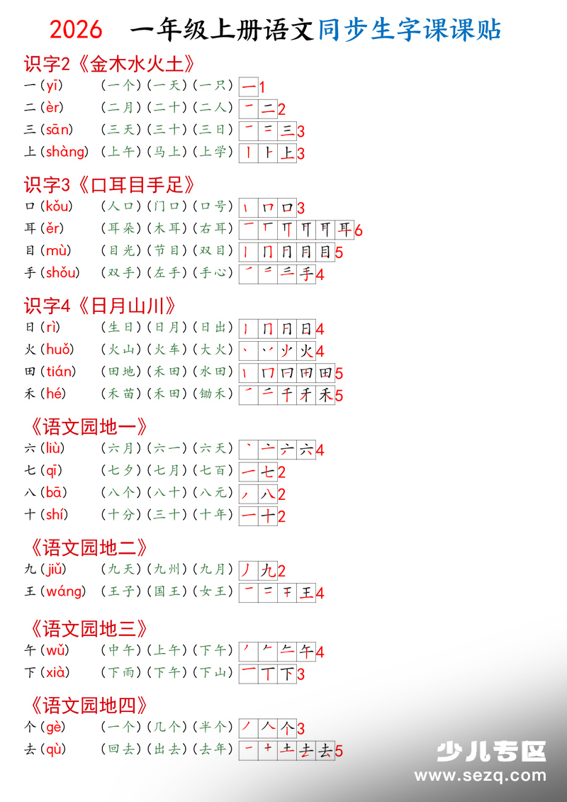 2026年一年级上册语文同步生字课课贴 - 文档资源第1张