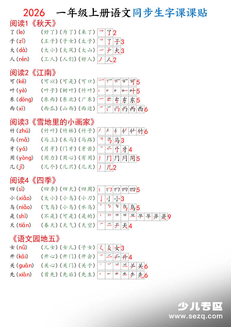 2026年一年级上册语文同步生字课课贴 - 文档资源第2张